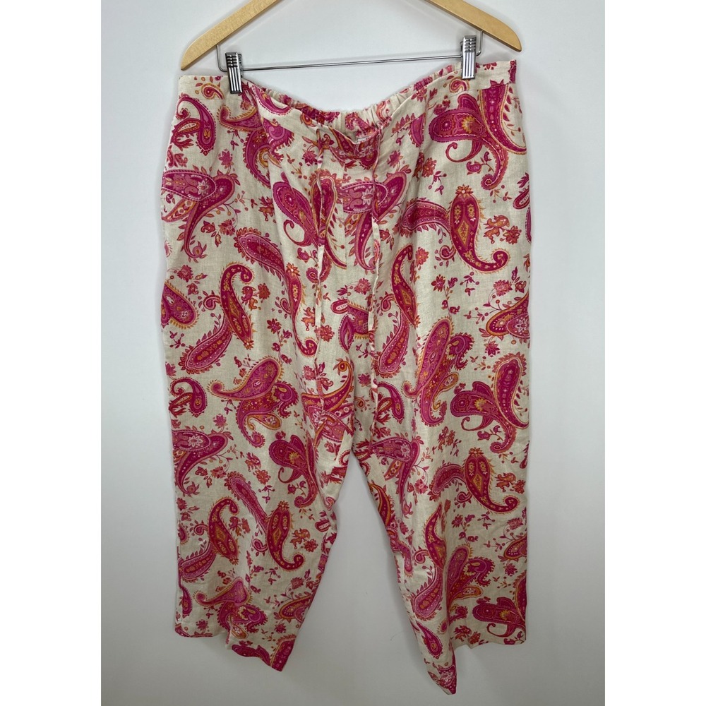 Units Woman Paisley 100% Linen Relaxed Pants Tan Pink Plus Size 2X Lagonlook - Picture 2 of 14